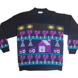 Vtg 80's Teasers Sweater Women's M Black Cottagecore Farm Retro Geometric Pink